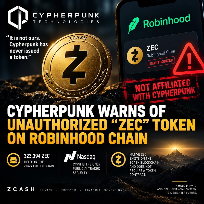 CYPHERPUNK WARNS OF UNAUTHORIZED “ZEC” TOKEN ON ROBINHOOD CHAIN