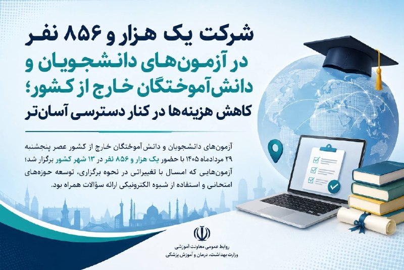 وبدا؛ رسانه سلامت وزارت بهداشت: ✅شرکت یک هزار و ۸۵۶ نفر در آزمون‌های دانشجویان و دانش‌آموختگان خارج از کشور؛ کاهش هزینه‌ها در کنار دسترسی آسان‌تر🟢 آزمون