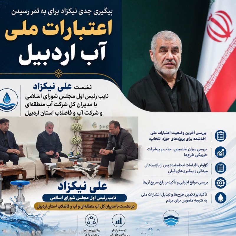 علی نیکزاد: 📌 پیگیری جدی نیکزاد نایب رئیس اول مجلس برای به ثمر رسیدن اعتبارات ملی آب اردبیل✅ نایب رئیس مجلس شورای اسلامی در نشستی با