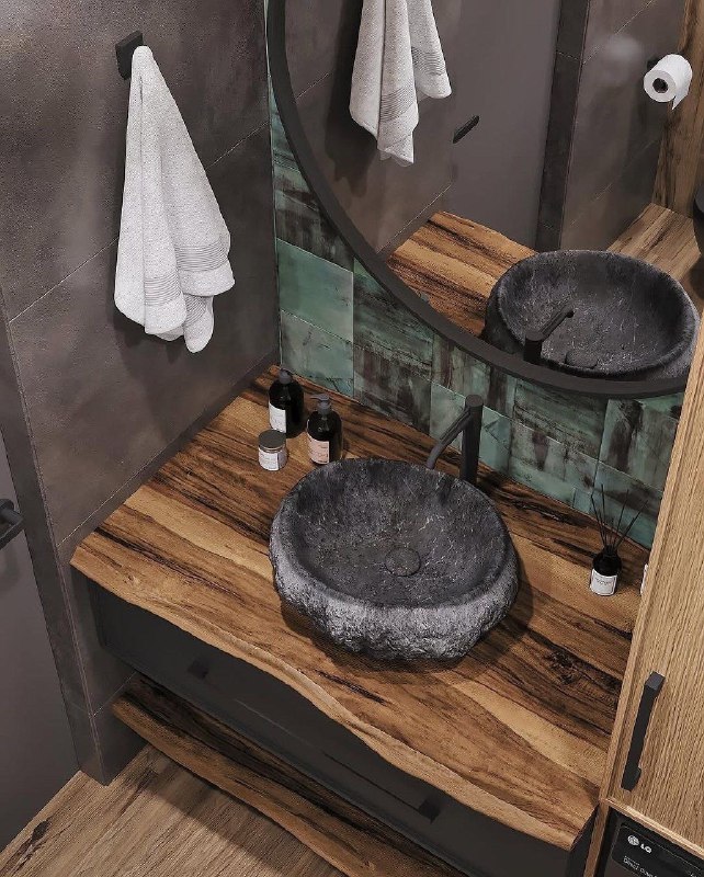 Интерьер ванной комнаты выполнен в тёмных тонах. Площадь составляет 4 квадратных метра. МЫ В МАХ подписаться - изображение 3 - интерьер, ванной, комнаты