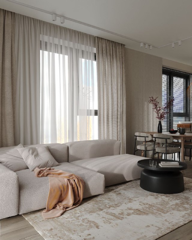 Дизайн проект квартиры 92,8 кв.м Сдержанная современная кухня гостиная 26,1 кв.м спокойная нейтральная палитра, тёплая атмосфера и продуманное зони... - изображение 2 - проект, telegram, view