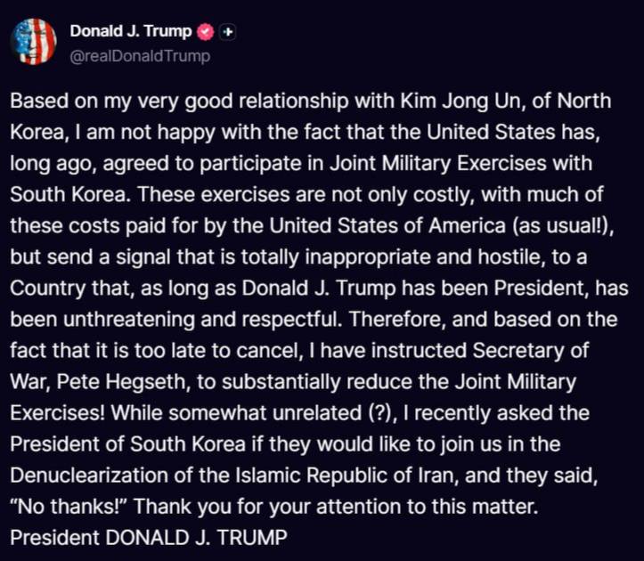 — NUEVO: El presidente Trump dice que Estados Unidos reducirá los ejercicios militares conjuntos con Corea del Sur