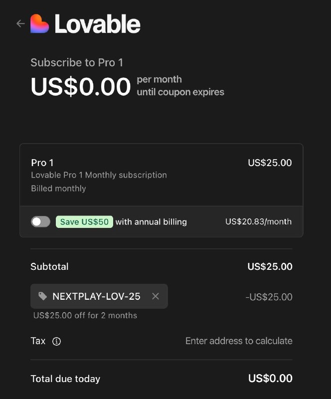 Lovable 的圣诞福利，两个月的免费试用！输入“NEXTPLAY-LOV-25”即可领取，我自己是会员没办法尝试，各位可以试试