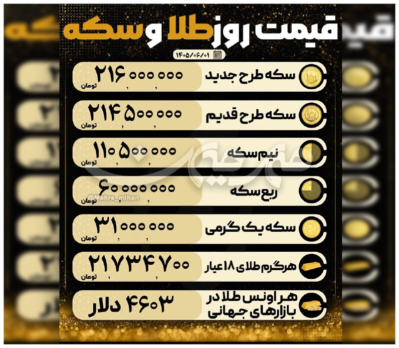 هفتهنامه مهرمیهن: 🌕 قیمت روز سکه و طلا🇮🇷 @mehre_mihan