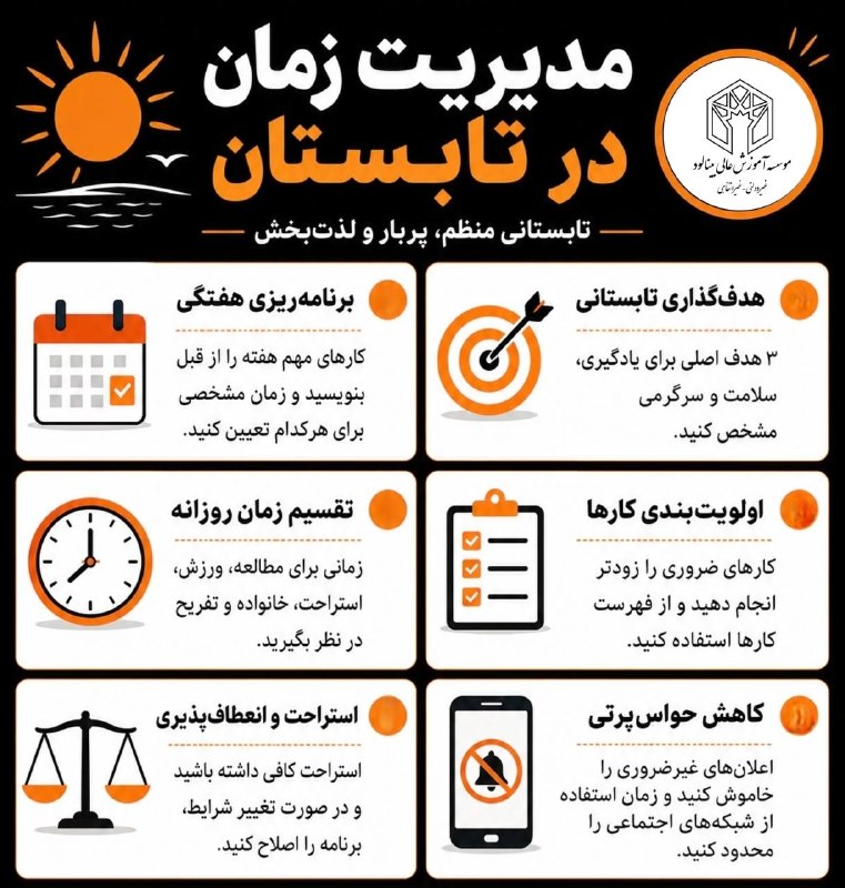 باشگاه دانشگاهی موسسه آموزش عالی بینالود مشهد: #آموزشی 🔹تابستانی پربار، منظم و لذت بخش با مدیریت صحیح زمان در این فصل#روابط_عمومى_موسسه_آموزش_عالى_بینالود