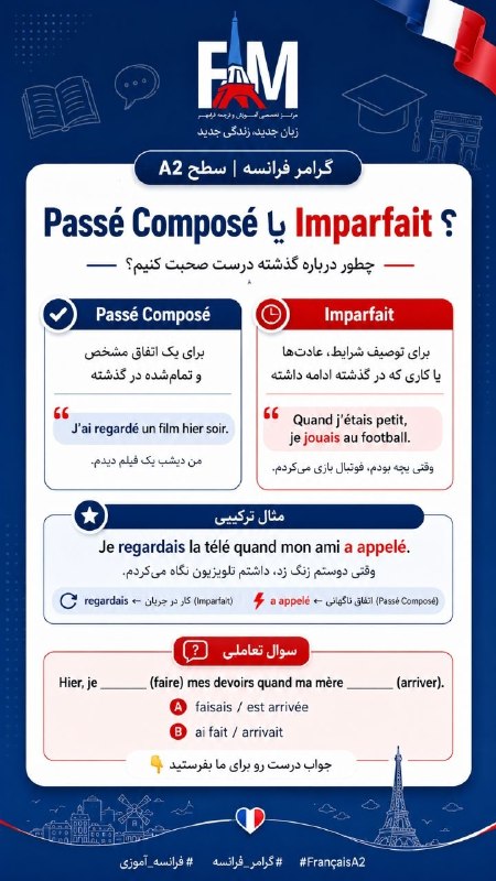 فرامهر زبان: 🇫🇷 گرامر فرانسه | سطح A2✨ Passé Composé یا Imparfait؟چطور درباره گذشته درست صحبت کنیم؟ 🤔در زبان فرانسه برای صحبت درباره