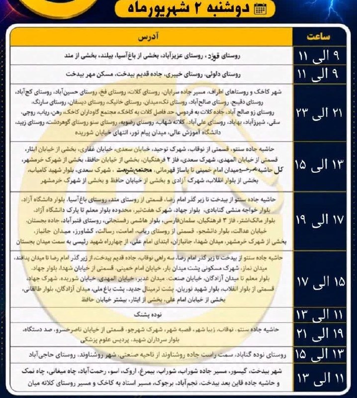 اخبار عصر گناباد: برنامه احتمالی خاموشی فردا دوشنبه ۲ شهریور