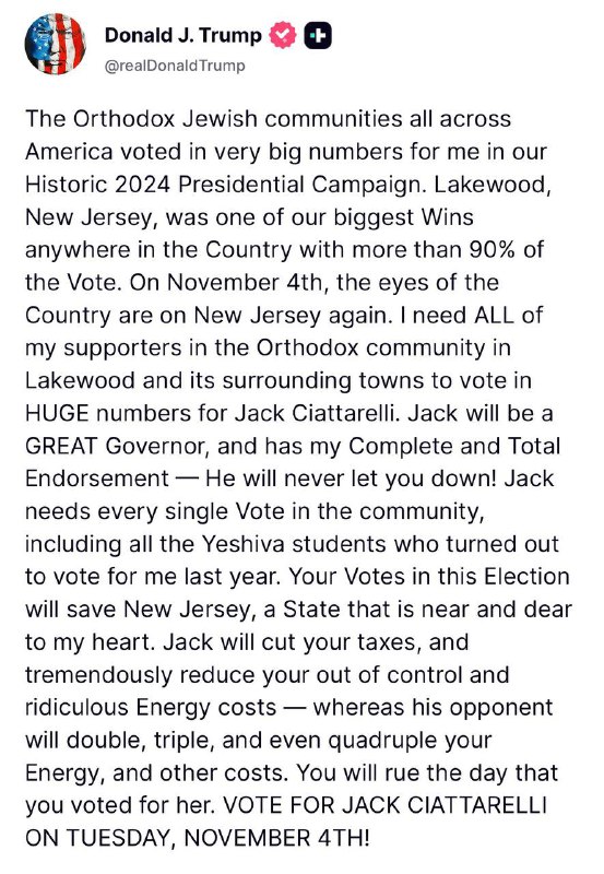 President Trump on Truth Social: “The Orthodox Jewish communities all across America voted in very big numbers for me in...