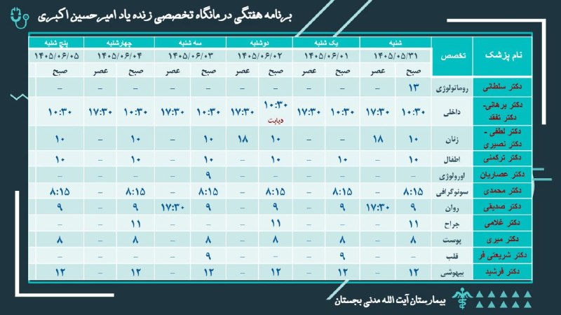 بجستان فردا: ⚜برنامه درمانگاه تخصصی امیرحسین اکبری بیمارستان آیت الله مدنی بجستان 🖋️ ( ۳۱ مرداد ماه الی ۵ شهریور ماه )🖋️ نوبت دهی از 