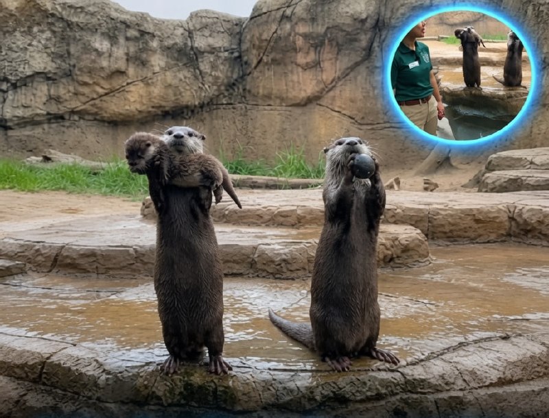 At the San Diego Zoo, an otter family stole the spotlight in the most adorable way, turning a simple visit into a viral sensation.While visitors watched in delight, a proud mother otter carried her tiny newborn pup right up to the glass for everyone to see. Moments later, the father joined in… but instead of another pup, he proudly held up his favorite smooth rock, creating a hilarious “show and tell” moment.The charming video quickly exploded online with millions of views. Viewers couldn’t stop laughing, joking that the rock was “the one that got him the family,” while others praised the otters’ playful and social personalities. Wildlife experts noted that these heartwarming, funny moments are exactly why otters captivate people around the world.Did you know? 🎓