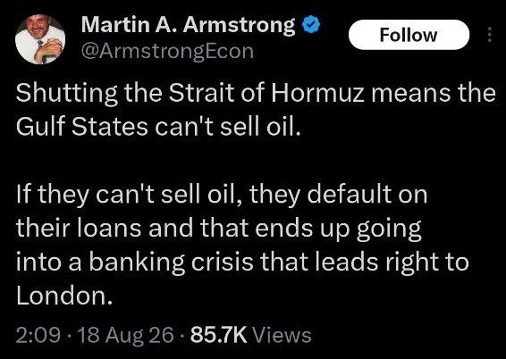 بَرَهوت تیوی / جهان بدون سانسور: 📌مارتین آرمسترانگ، تحلیلگر اقتصادی آمریکایی:🔹بسته شدن #تنگه_هرمز یعنی اینکه کشورهای حاشیه خلیج فارس دیگر نمیتوانند نفت