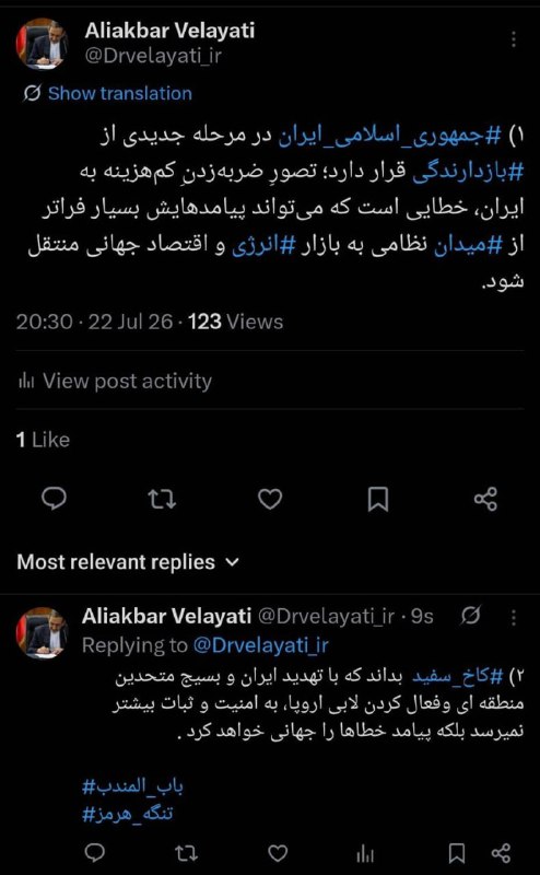Velayati: הרעיון לפגוע באיראן בזול הוא טעות שהשלכותיה יכולות לחרוג הרבה מעבר לתחום הצבאי לשוק האנרגיה ולכלכ…