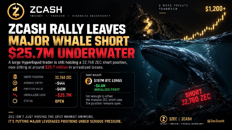 ZCASH RALLY LEAVES MAJOR WHALE SHORT $25.7M UNDERWATER Zcash’s…