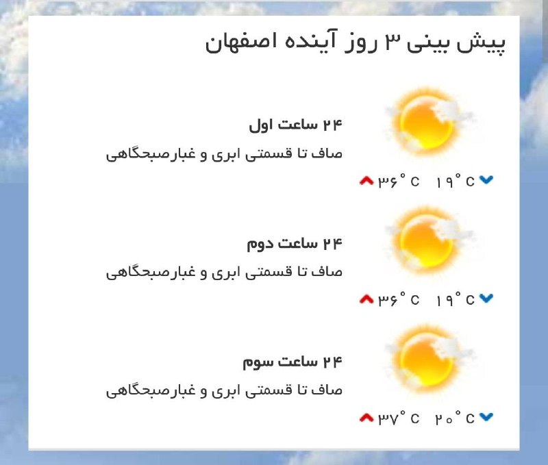 اخبار اصفهان: ♦️ پیش‌بینی وضع آب و هوای سه روز آینده مرکز استان‌🔹 ۲۴ ساعت اول (۱۴۰۵/۰۵/۰۶)🔹 ۲۴ ساعت دوم (۱۴۰۵/۰۶/۰۷)🔹 ۲۴ ساعت سوم (۱۴۰
