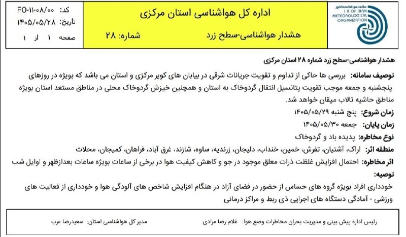 مجله خبری شهرستان شازند: 🔴🔴🔴 هشدار سطح زرد اداره کل هواشناسی استان مرکزی در خصوص وقوع گردوخاک در روزهای آخر هفته/ هوای استان مرکزی از روز جمعه خن