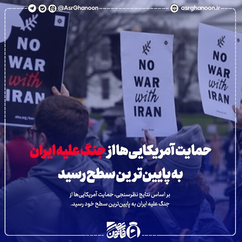 عصر قانون: ✳️حمایت آمریکایی‌ها از جنگ علیه ایران به پایین‌ترین سطح رسید🔹بر اساس نتایج نظرسنجی، حمایت آمریکایی‌ها از جنگ علیه ایران 