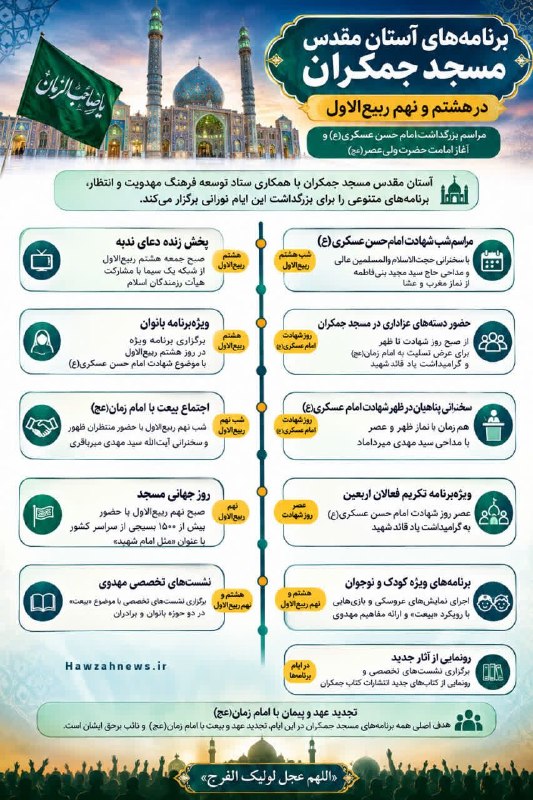خبرگزاری حوزه: 💠 برنامههای مسجد جمکران در هشتم و نهم ربیعالاول اعلام شدمعاون فرهنگی آستان مقدس مسجد جمکران با تشریح ویژهبرنامههای ه