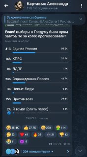 Telegram работает над дополнительными функциями для борьбы с ботами в опросах, написал Дуров в комментариях к опросу блогера Александра Картавых.Картавых опубликовал опрос о парламентских выборах в России. Сейчас опрос показывает, что за «Единую Россию» пр