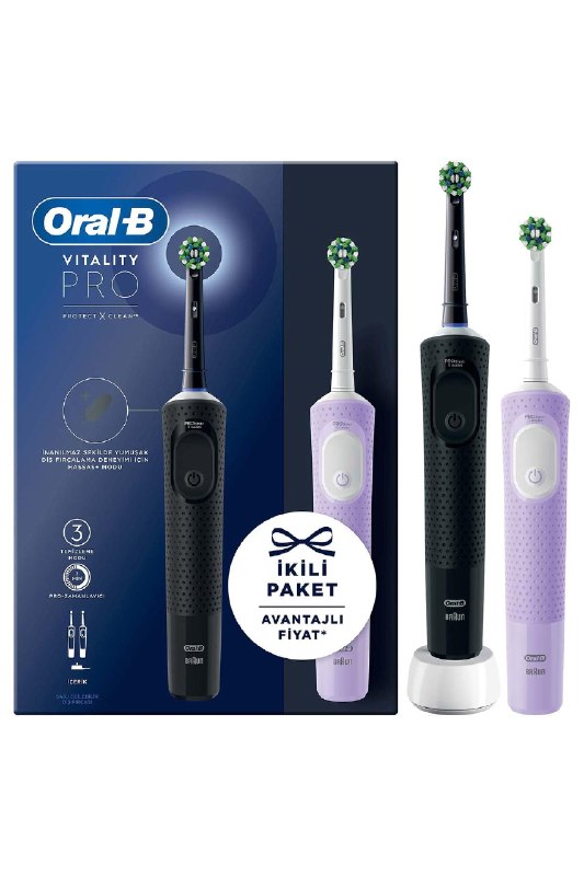 Oral-B Şarjlı/Elektrikli Diş Fırçası Vitality Pro 2'li Siyah&Lila Avantaj Paketi
