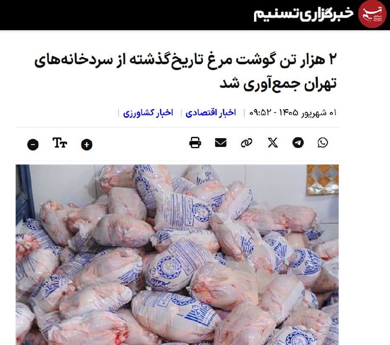 ایلام خبر( اخبار رسمی ایلام): 🔻بر اثر سوءمدیریت دولت پزشکیان ۲ هزار تن مرغ معادل تعداد یک میلیون مرغ ۲ کیلوگرمی فاسد شد/ ۲ هزار تن مرغ با قیمت روز حدو