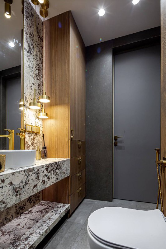 Реализованный дизайн интерьера ванной. Современный стиль, жк Wellton Towers 112 м2. Роскошь в каждой детали Как тёмная палитра и благородные матери... - изображение 4 - wellton, towers, комфорта