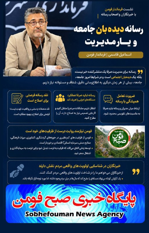 🌐كانال خبری صبح فومن🌐: فرماندار فومن : نقد منصفانه رسانه فرصتی برای اصلاح امور است.مشروح خبرhttps://sobhefouman.ir/?p=57425