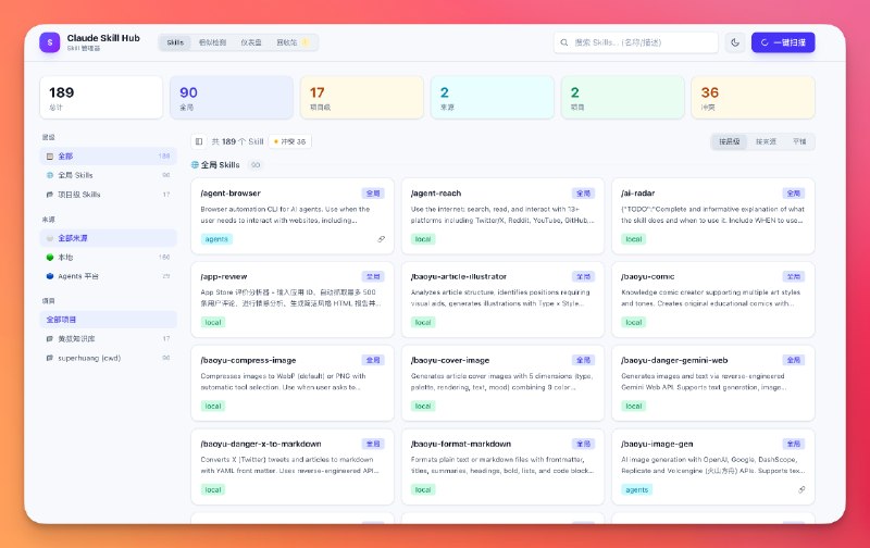 开发了一个Skill管理器黄叔也发现了Skill多了之后很难管理社群小伙伴也有很强的需求迭代了几个小版本后先发布出来目前的功能主要是：1. 快速完成整个硬盘的扫描，识别Skill2. 支持可视化创建历史版本（相当于Git做版本管理）3. 支持快速做相似度检测、冲突检测，方便删除Skill4. 删除Skill会进7天回收站5. 增加GitHub仓库用于云端保存skill/多端同步欢迎大家提交PR后面黄叔会开源更多Skill那可老多了月底还要继续开Skill黑客松拉了YouMind支持~会很好玩首次安装，终端一行命令：npm install -g 