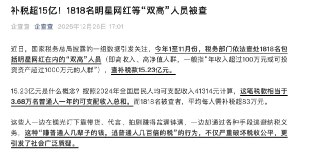 王局拍案:【总补税超15亿！今年1818名明星网红被查，平均每个补83万多——中国明星网红真土豪！】企查查报道看的人心塞，根据国家税务总局最新披露：今年1—11月共查处1818名“高收入、高净值”人员包括明星、网红（中国所谓高净值一般指年收超100万或可投资资产超1000万元人群）合计补税罚款 15.23亿元这是什么概念？按24年中国居民人均可支配收入41314元计算相当于 3.68万名普通人一整年的收入。平均下来，每个被查者要补 83万多。小网红先不说，头部网红被查名单简单整理：1.网红「周周珍可爱」50