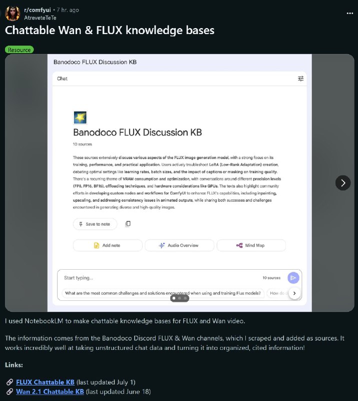 这个好，这老哥把所有 FLUX 和 Wan 模型的文章内容都放在 NotebookML这样你就能随时向 AI 询问这两个模型的信息#ai创造营#感觉其他领域也能效仿，甚至你可以把你整理的数据进行销售链接：notebooklm.google.com/notebook/8c41f069-42f9-40e6-91b1-9fa19a3adbf6notebooklm.google.com/notebook/a08901b9-0511-4926-bbf8-3c86a12dc306这个好，这老哥把所有 FLUX 和 Wan 模型的文章内容都放在 NotebookML这样你就能随时向 AI 询问这两个模型的信息#ai创造营#感觉其他领域也能效仿，甚至你可以把你整理的数据进行销售链接：notebooklm.google.com/notebook/8c41f069-42f9-40e6-91b1-9fa19a3adbf6notebooklm.google.com/notebook/a08901b9-0511-4926-bbf8-3c86a12dc306
