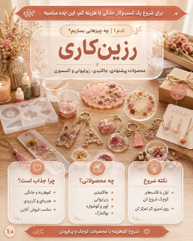 اخبار مرکزی: ♦️برای شروع یک کسبوکار خانگی با هزینه کم، رزینکاری میتونه یکی از گزینههای مناسب و جذاب باشه ✨🔹اگر با محصولاتی مثل ج