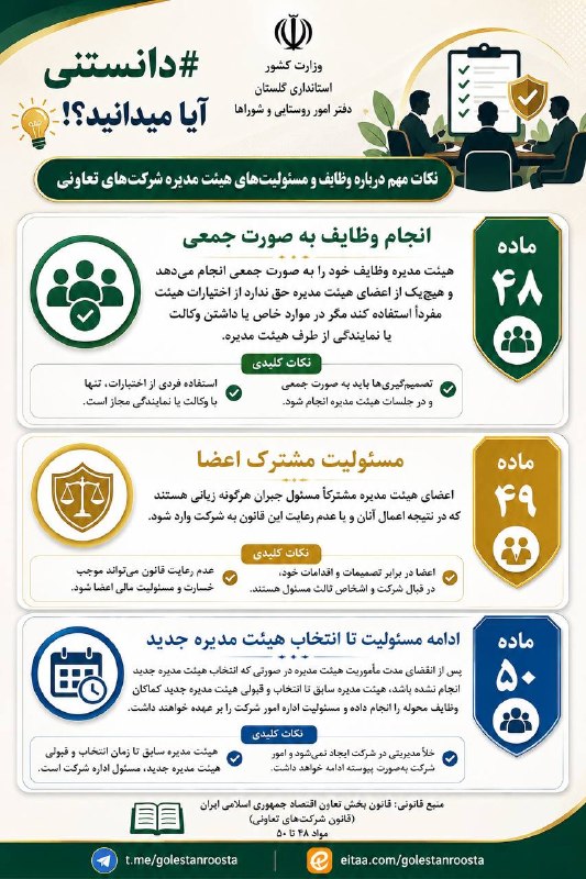 روستاییان گلستان: #دانستنی | وظایف و مسئولیت‌های هیئت‌مدیره شرکت‌های تعاونی🔹 ماده ۴۸: هیئت‌مدیره وظایف خود را به‌صورت جمعی انجام می‌دهد و 