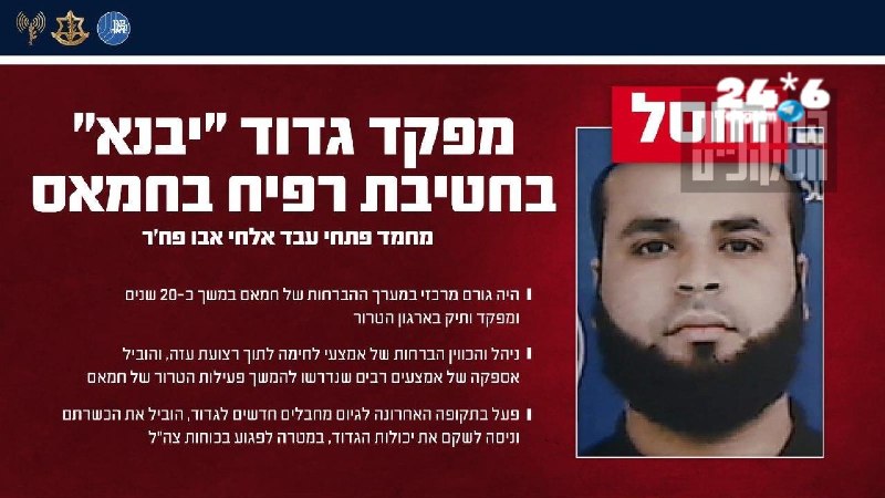 צה"ל ושב"כ חיסלו את מפקד גדוד יבנא בחטיבת רפיח של חמאס