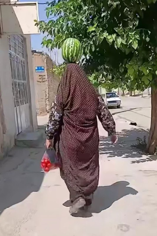 قم زیبا: 🔴🎥 این خانم رفته هندونه خریده، حالا کجا گذاشته باشه و باهاش اینور اونور بره خوبه؟رو کلهاش 😅😂✅ @qome_ziba🔴🎥 این خانم رفت