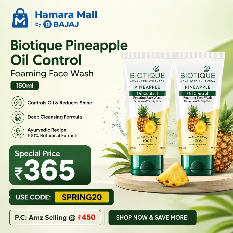 FREE Recharge Box: Hamara Mall By Bajaj: Biotique Pineapple Oil Control Foaming Face Wash 150ml @ ₹365USE CODE: SPRING20https://bitli.in/1s
