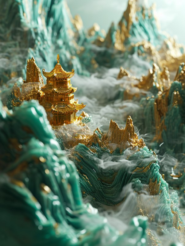 🧪Midjourney V6 每天都能给我新惊喜，一个玉石雕刻的国风场景，由于细节很丰富，看起来真的像工艺品