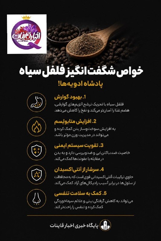 ️ اخبار قاینات: ✅ خواص شگفت انگیز فلفل سیاه ⭐️ اخبار #قاینات ⭐️ 📣 @QayenNews