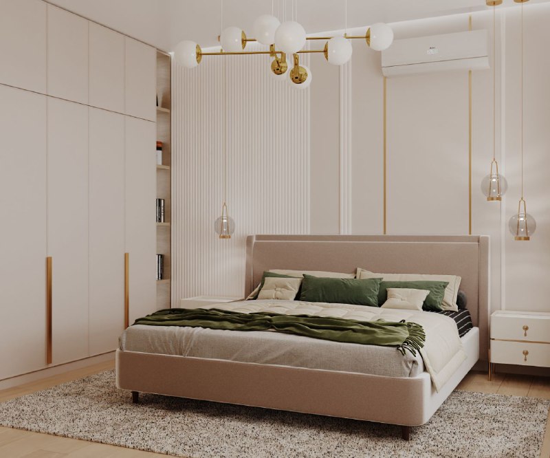 На втором этаже проекта домвсочи спальня 17,4 с собственной ванной 5,4 кв.м. Мягкая бежево пастельная палитра, глубокие зелёные акценты и латунные ... - изображение 5 - проекта, telegram, view