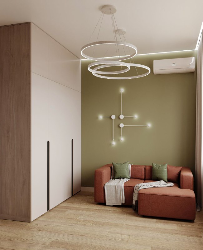 Продолжаем показывать проект домвсочи сегодня гостевая и душевая Гостевая 11,9 кв.м - терракотовый диван на фоне оливковой акцентной стены, тёплый ... - изображение 4 - гостевая, душевая, интерьер