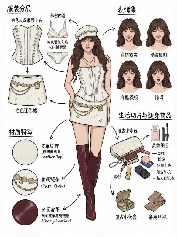 【✨最近在 nanobanana 试了个很有设计感玩法】：女性模特的全套服装拆解图最近在研究 AI 做时装图，意外发现一种特别像专业服装设计师在出板的效果：“女性模特 + 服饰结构拆解 + 面料特写 + 配件逻辑图”整个画面像是走进时尚工作室，把“成衣 → 分层 → 材质 → 随身物”全部摊开给你看