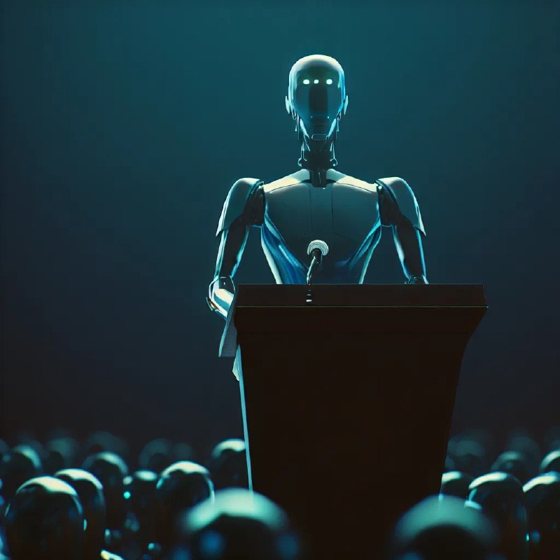 2050年的一个晚上机器人在进行他的主题分享「智能与生命」