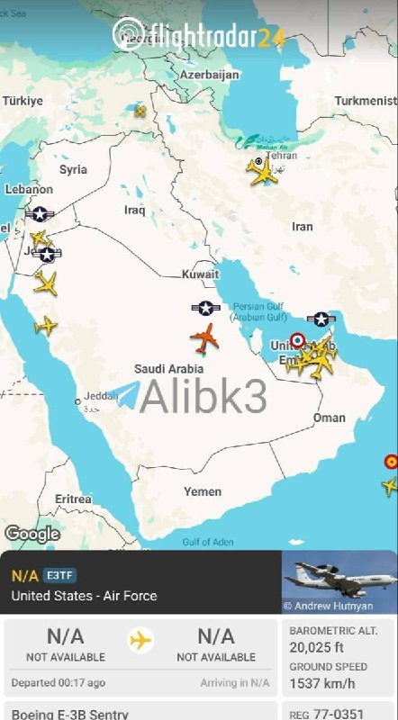 מטוס האזהרה המוקדמת E-3G האמריקאי פונה ליד כווית, וקבוצת מטוסי תדלוק המריאה מתל אביב ומאילת לכיוון המזרח הת…