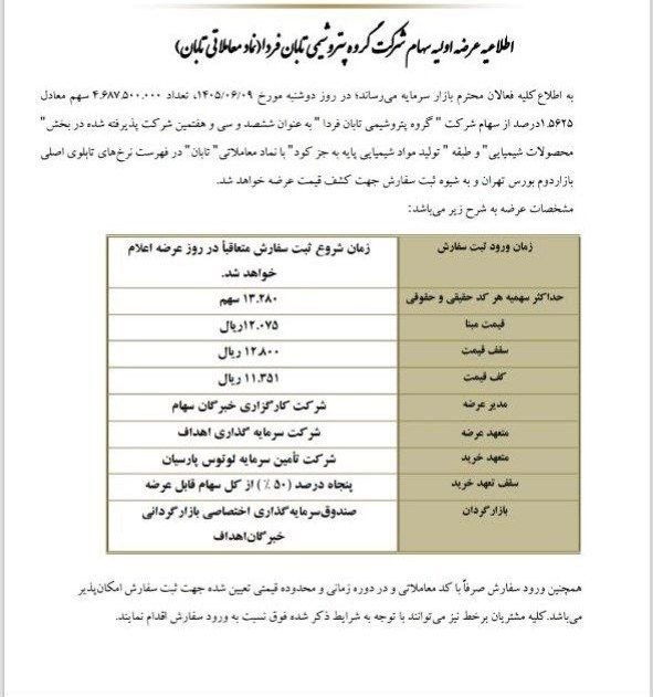 بورس۲۴ | Bourse24: پتروشیمی تابان فردا به بورس میآید؛ عرضه ۴.۶۸۷ میلیارد سهم در روز دوشنبه به گزارش بورس ۲۴، بورس اوراق بهادار تهران از عر