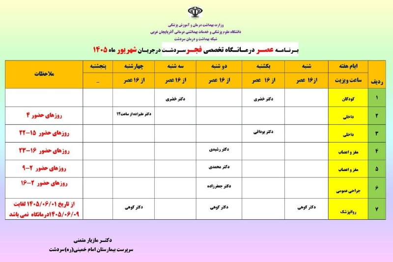رادیو سردشت: 🔻برنامه حضور متخصصین در کلینیک ویژه تخصصی فجر و درمانگاه تخصصی بیمارستان امام خمینی «ره» شهرستان سردشت در نوبت‌های صبح و