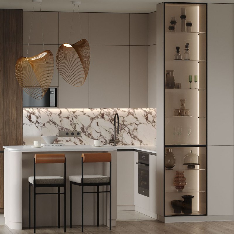 Дизайн проект квартиры 92,8 кв.м Сдержанная современная кухня гостиная 26,1 кв.м спокойная нейтральная палитра, тёплая атмосфера и продуманное зони... - изображение 6 - проект, telegram, view