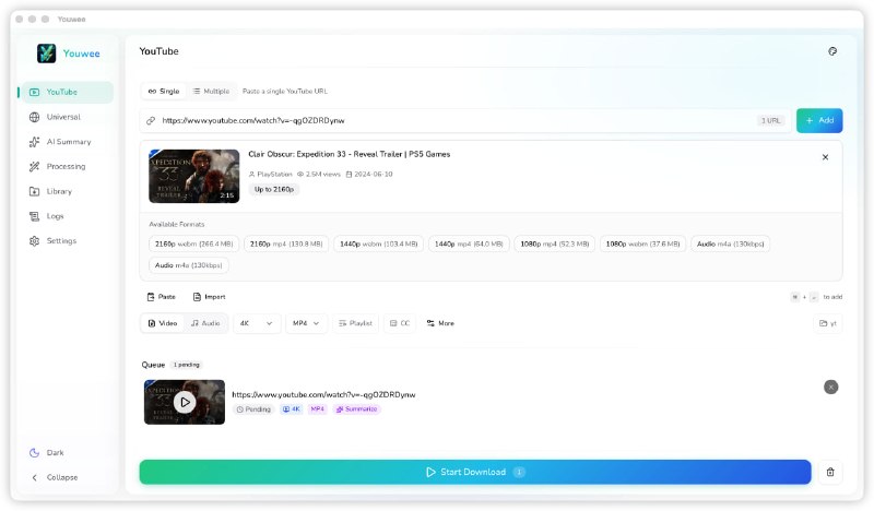 🆔  软件名称：Youwee⭐️  软件功能：视频下载➡️  支持平台：#Windows #macOS #Linux📁  软件简介：一款视频下载软件，支持从YouTube、TikTok、Instagram及1800多个网站下载视频