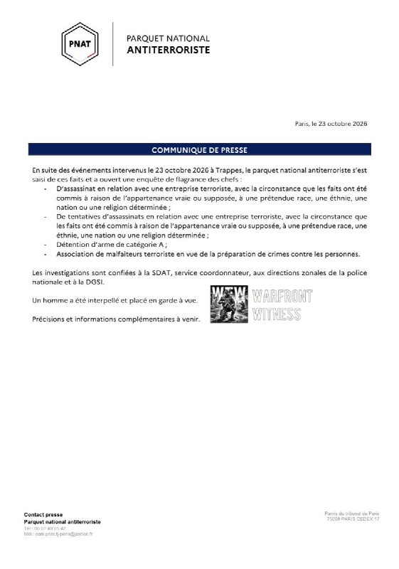 ️🇫🇷 The French National Anti-Terrorism Prosecutor's Office opened a legal investigation into the shooting of Trapp on October 23, while investigating suspected murder and attempted murder related to a terrorist enterprise.
