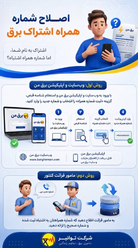 نهبندان کهن: اصلاح شماره همراه اشتراک برق؛ فقط چند دقیقه زمان میبرد!اگر اشتراک برق به نام شماست، اما شماره همراه ثبتشده متعلق به ش