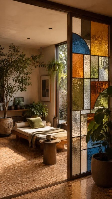 واحد معماری و شهرسازی مؤسسه مصاف: 🏷 شیشه رنگی؛ مرزی میان دو فضا 🍃 در معماری، جداکننده همیشه به معنای ساختن یک دیوار و قطع ارتباط نیست. شیشه رنگی میتواند