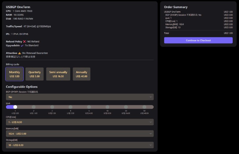 #营销推出一次性产品 [美国OneTerm]该产品不保证可以续费, 配置不可增加