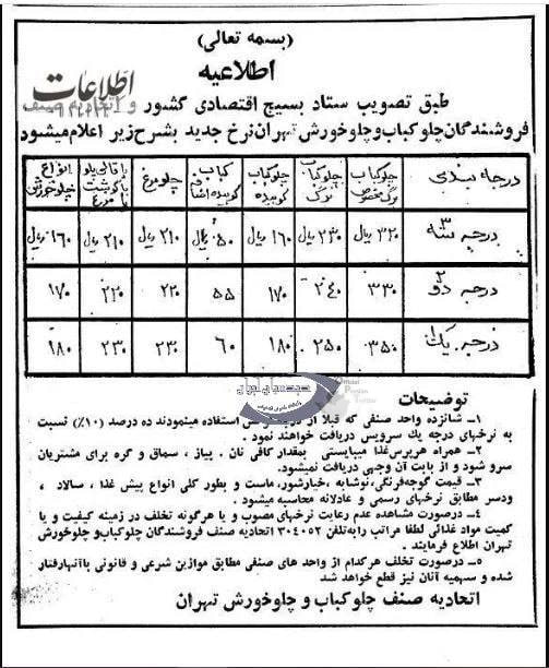 توییت فارسی ™️: ۴۵ سال پیش چلوکباب چقدر قیمت داشت؟برای اولین بار پس از انقلاب در سال ۱۳۶۰ انواع غذای ایرانی نرخگذاری شدjoin → @twitfars